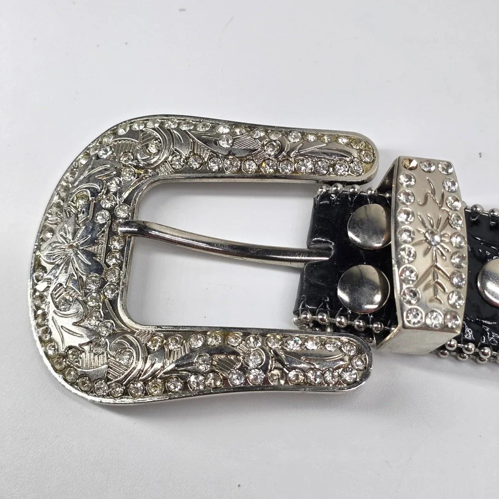 Black Leather Belt Rhinestone Crystal Western Bling Studded Large Y2K Rodeo Glam